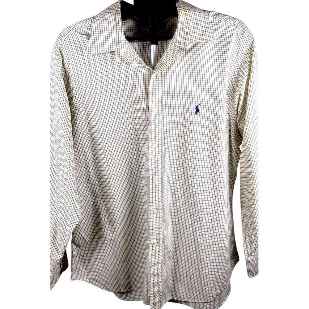 Polo Ralph Lauren Andrew Shirt Mens 17 34 Yellow Blue Check Button Front Cotton